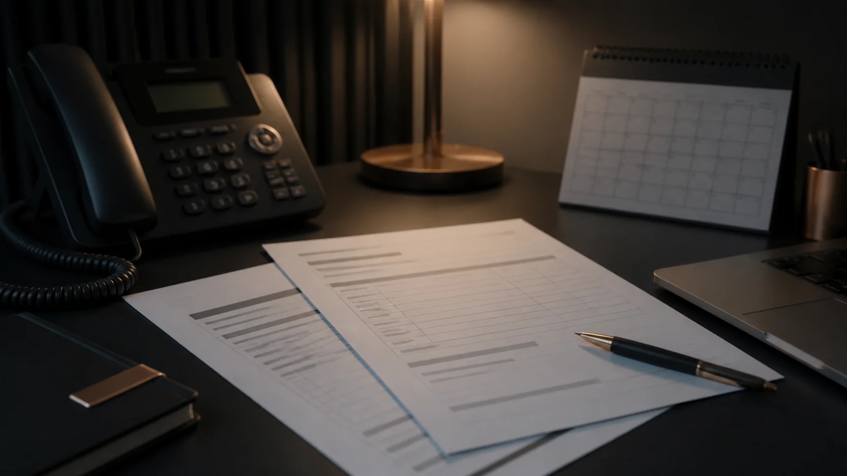 Assessment intake desk with phone, calendar, and blank scoping documents