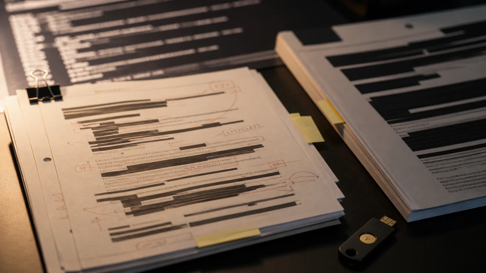Redacted evidence pack and hardware security key on a dark assessment desk