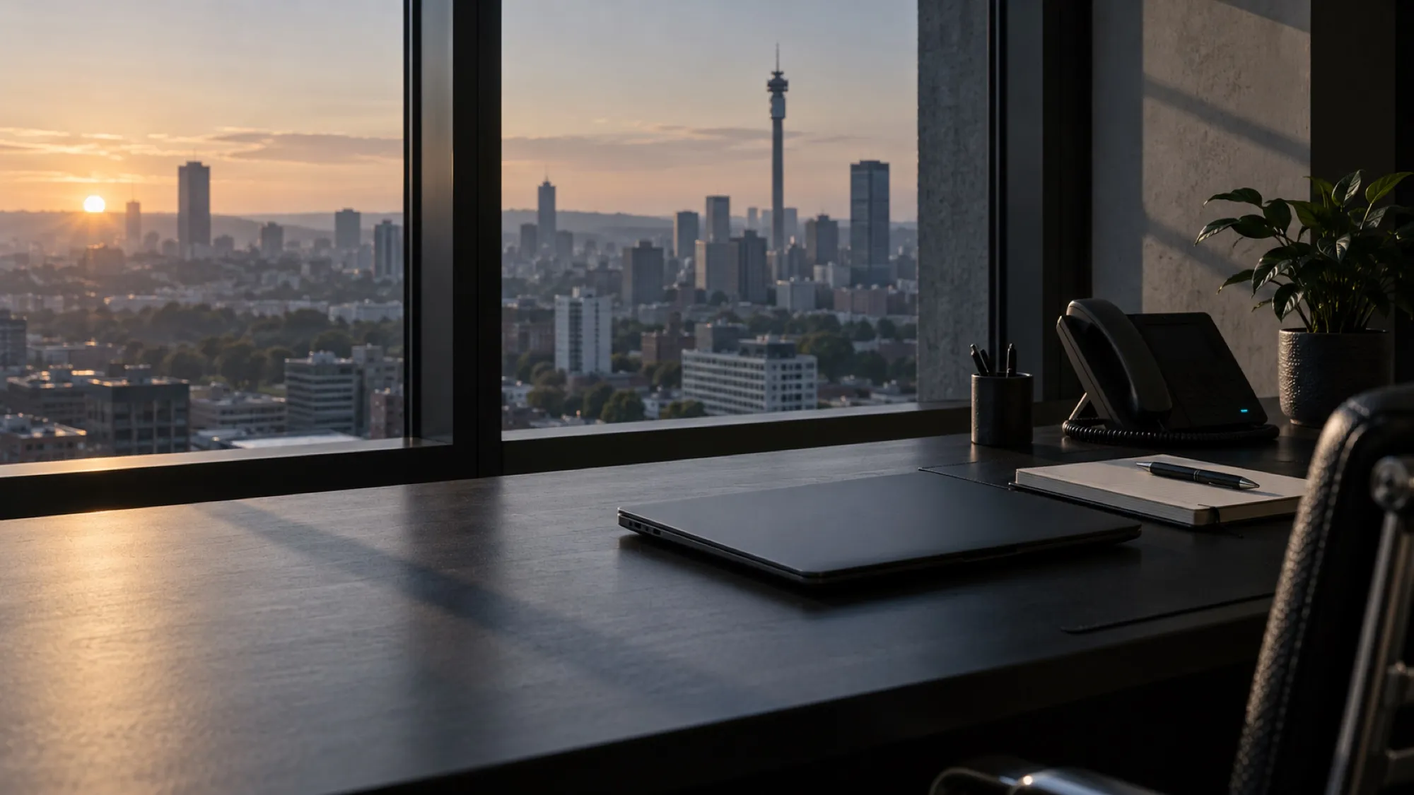 Quiet desk by a window at first light.