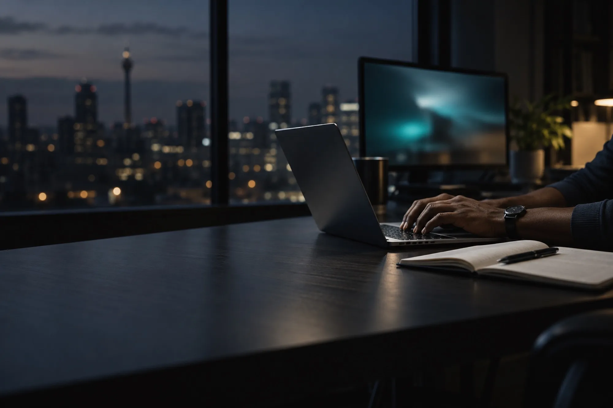 Hands on a laptop at night with the city through the window