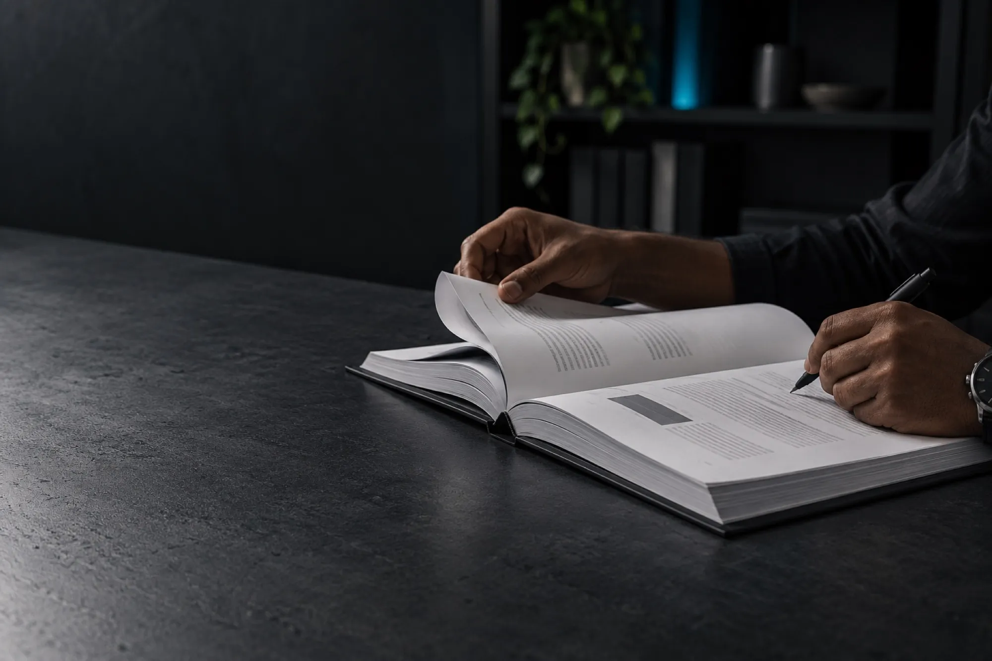 Hand turning the pages of a printed report