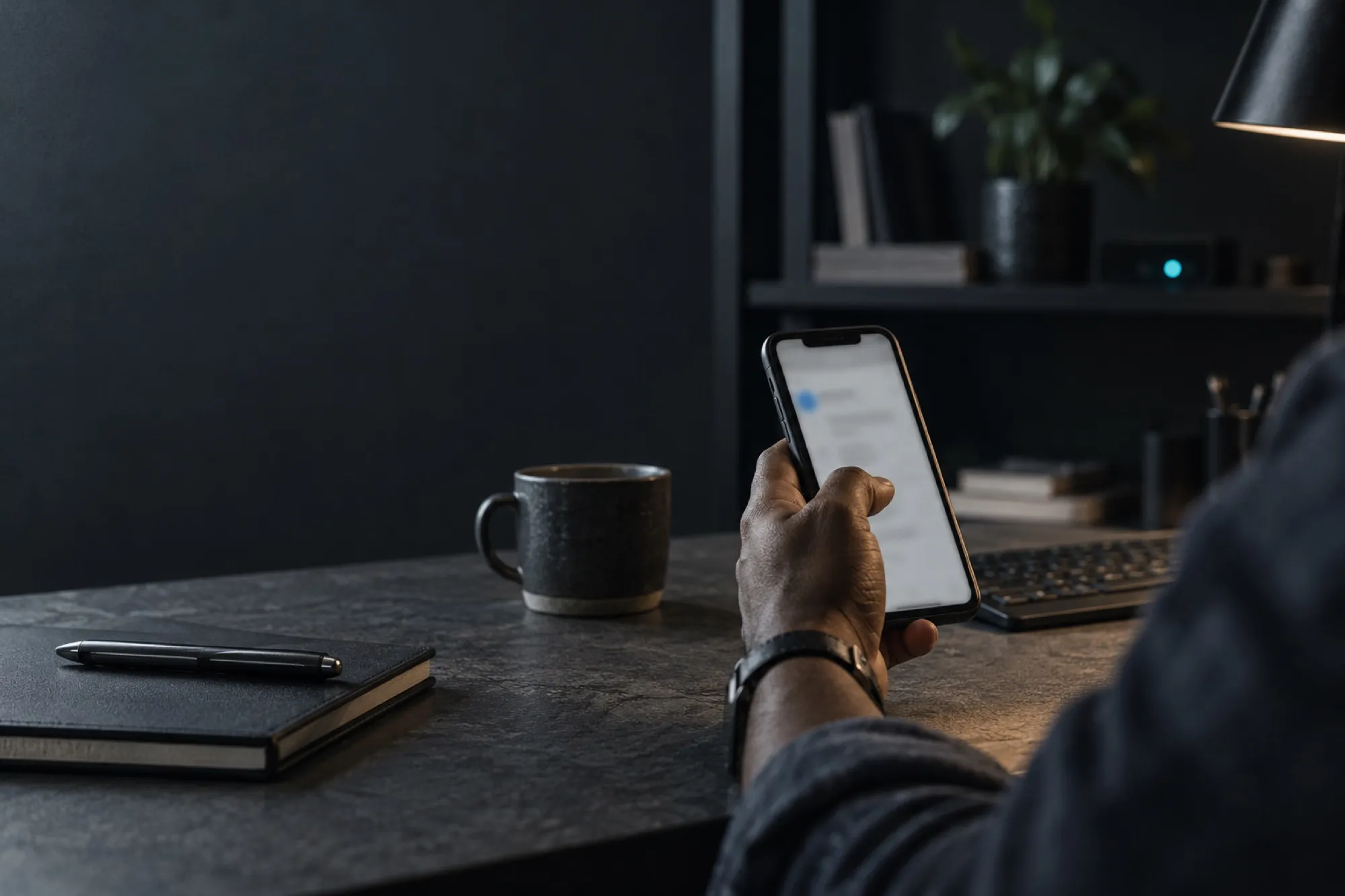 Hand holding a phone with an email notification