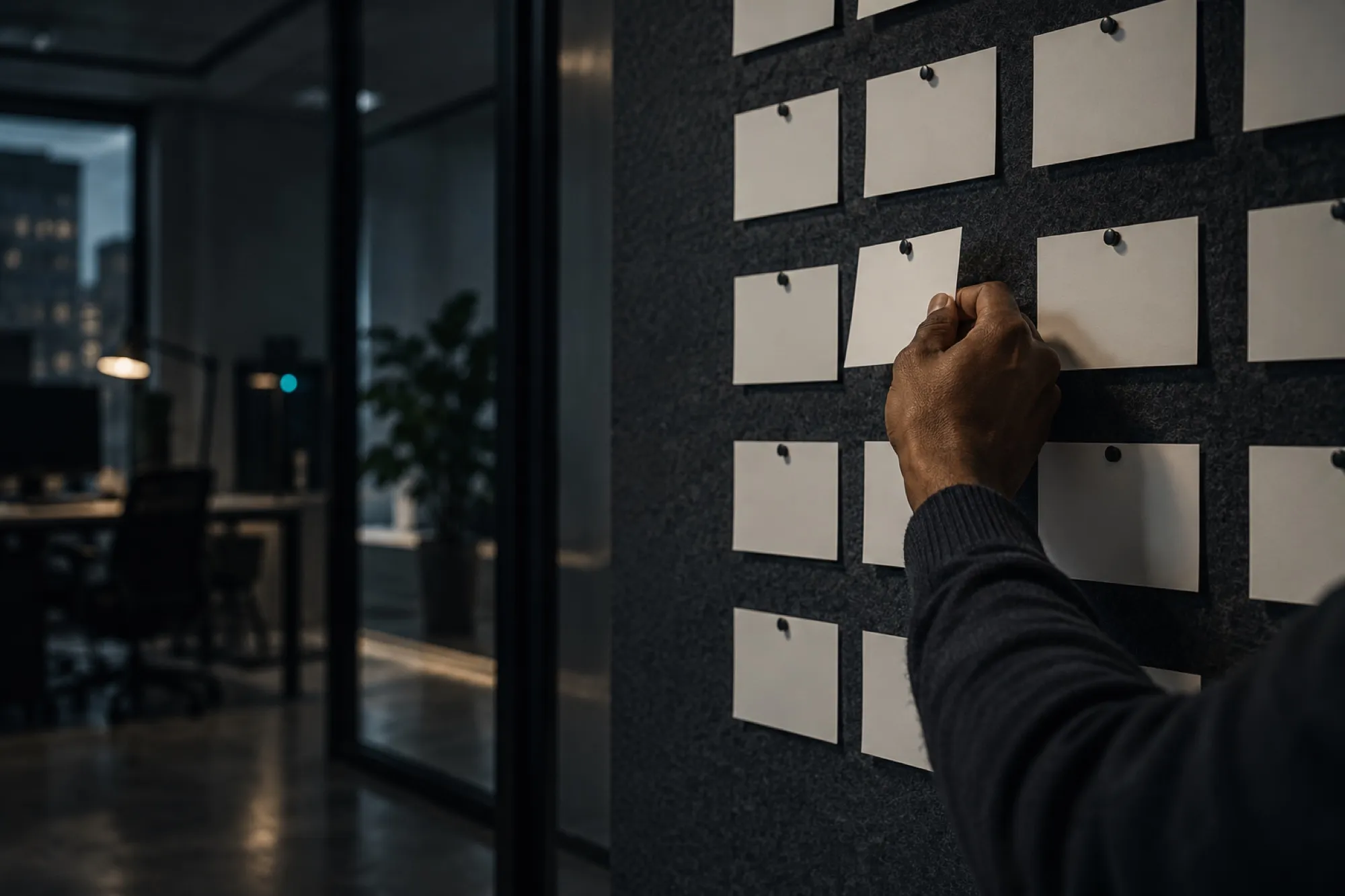 Hand moving index cards on a board